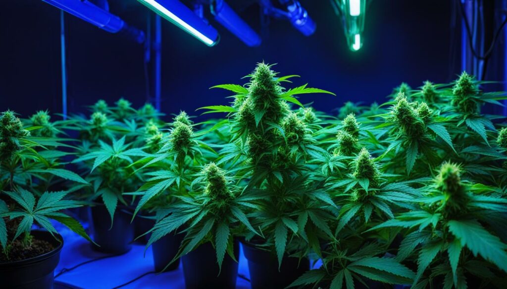 Cannabis plants under LED grow lights